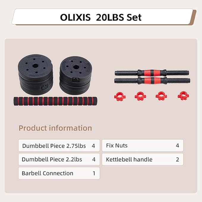 OLIXIS Adjustable Dumbbell Set, 4 IN 1 Changeable Dumbbells, Barbell, Kettlebells and Push Up Stand, Multi-Functional Exercise and Fitness for Home Gym