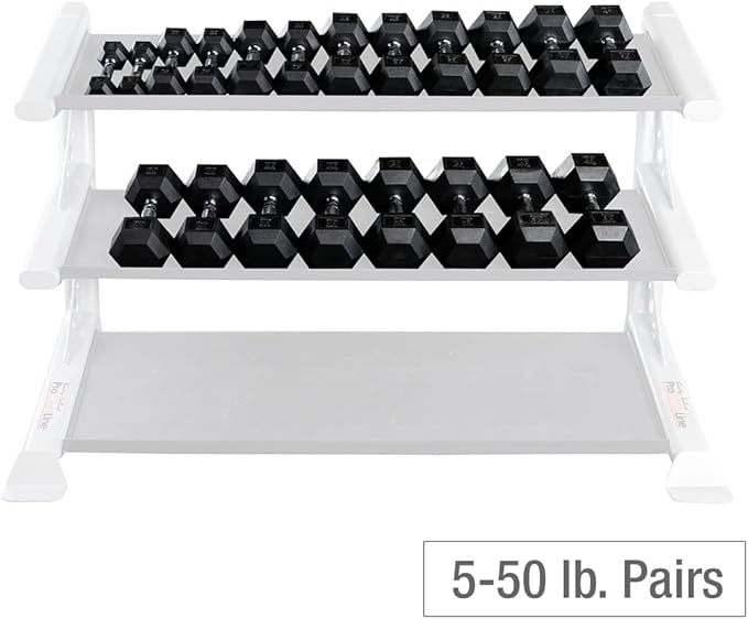 Body Solid (GDR60-RFWS) 5-50 lb Rubber Coat Hex Dumbbell Set Includes Heavy Duty 2-Tier Dumbbell Rack, Commercial and Home Gym Weight Holder Organizer for Dumbbells
