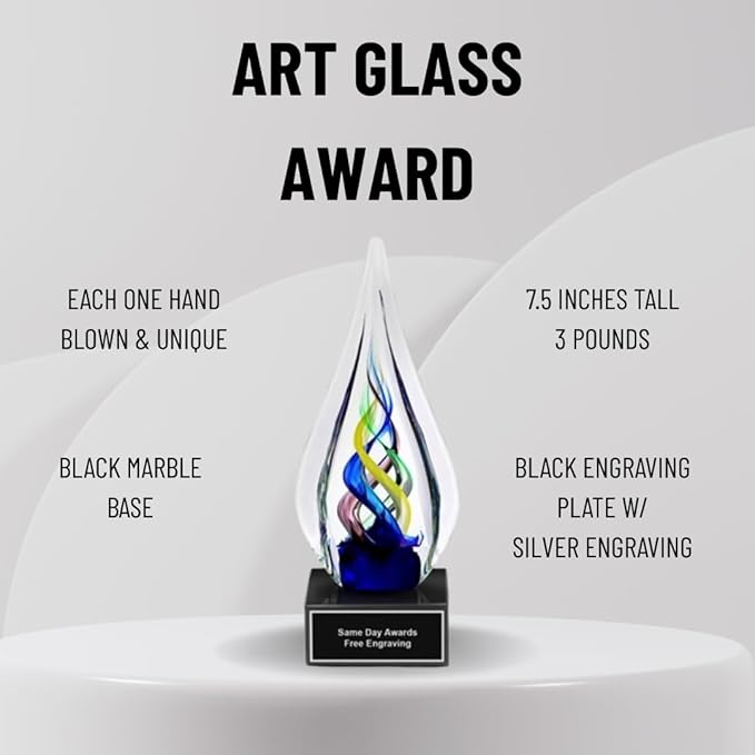Hand-Blown Art Glass Award – Custom Engraved Elegant Award for Corporate, Sports Retirement Volunteer Recognition Leadership Personal Milestones Employee Gifts