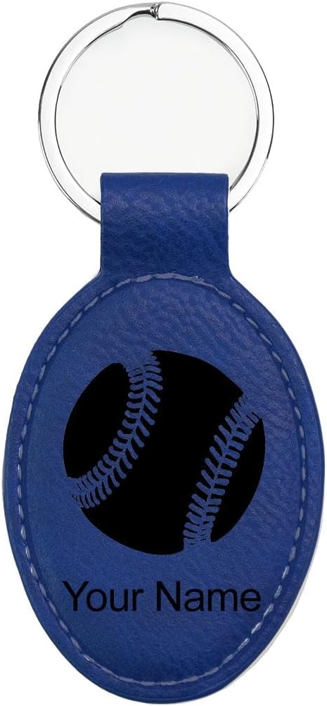 LaserGram Oval Keychain, Baseball Ball, Personalized Engraving Included (Dark Blue with Black)