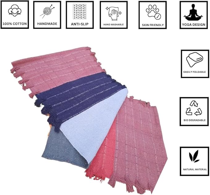 Indian Handmade100 % Organic Anti Skid Multi Colour Cotton Yoga Mat - Eco-Friendly Hand-Woven Rug - Non-Slip & Thick (24”x72”x5mm) for Hot yoga & Everyday Fitness at Home - Comfortable & Foldable Extra-Long Mat