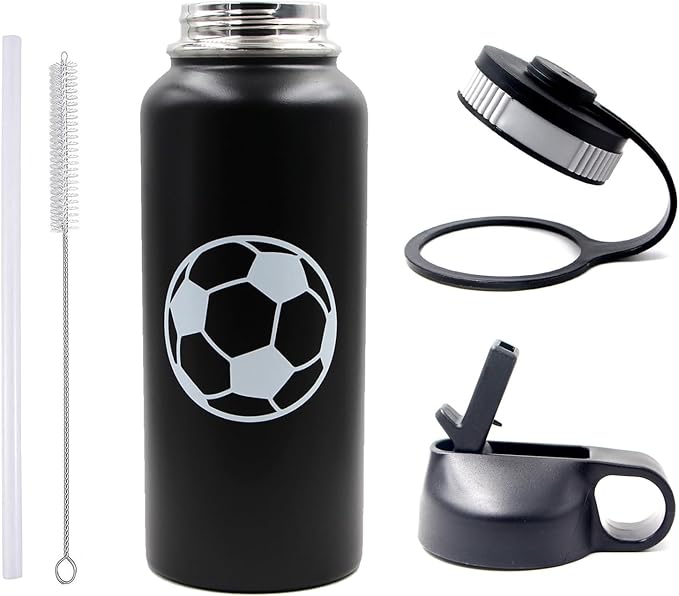 32 oz Soccer Water Bottle with Straw, Wide Mouth Sports Flask Metal Travel Tumbler with 2 Lids, Stainless Steel Double Wall Vacuum Insulated Leakproof Thermo Water Bottles, Soccer Gifts for Boys Girls