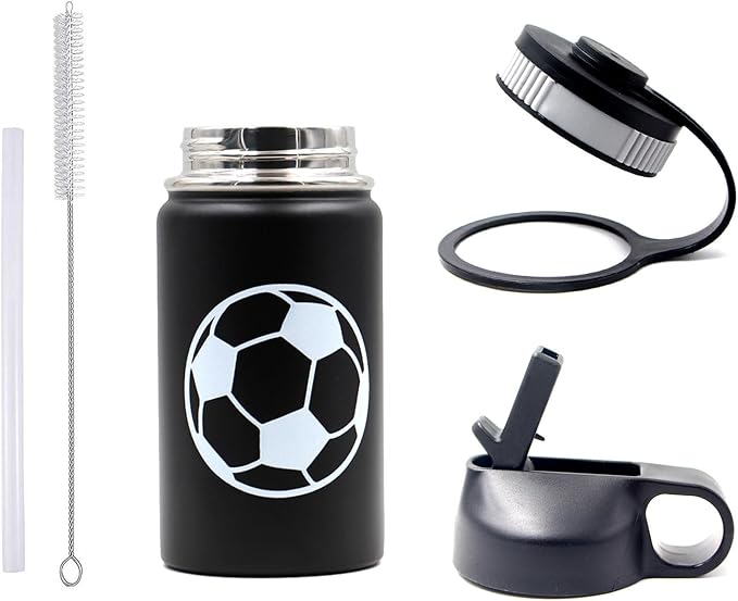 12 oz Soccer Water Bottle with Straw, Sports Flask Metal Travel Tumbler with 2 Lids, BPA Free Stainless Steel Double Wall Vacuum Insulated Leak Proof Thermo Water Bottles, Soccer Gifts for Boys Girls