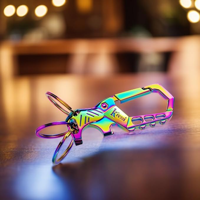 Heavy duty metal keychains, Carabiner clip Car key chains,Fashion family keychain bottle opener and 3 Key Rings suitable for men and women.(Multicolor-2pcs)