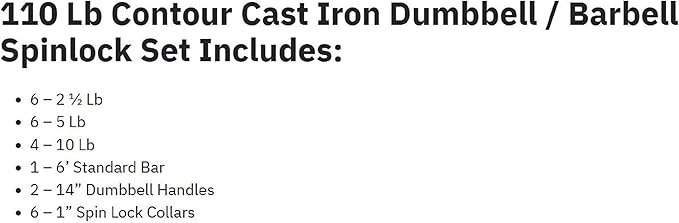York Barbell 110 lb Contour Cast Iron Spinlock Dumbbell & Barbell Set – Adjustable Free Weights with 6’ Standard Bar, Dumbbell Handles, Plates & Collars – Home Gym Strength Training Kit