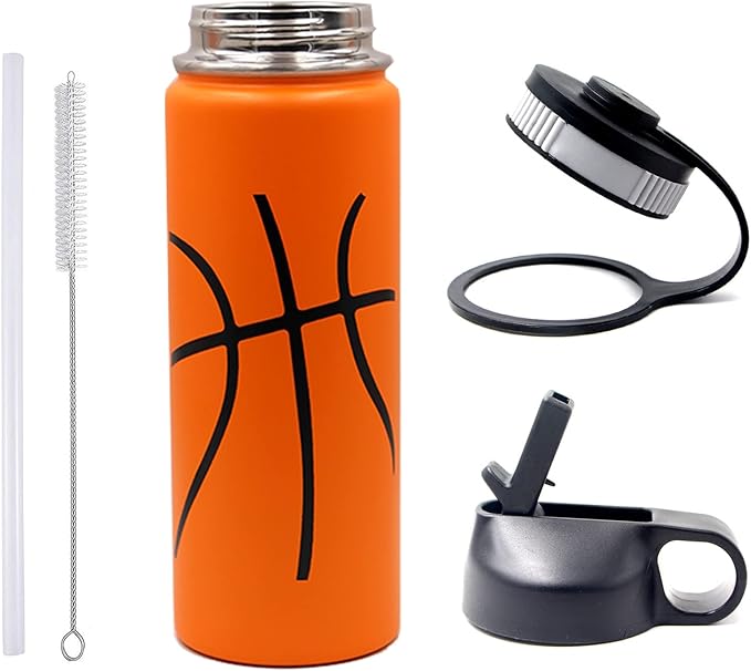 18 oz Basketball Water Bottle, Sports Flask Metal Travel Tumbler with 2 Lids, Stainless Steel Double Wall Vacuum Insulated Thermo Water Bottles, Basketball Accessories Stuff Gifts for Mom Boys Girls
