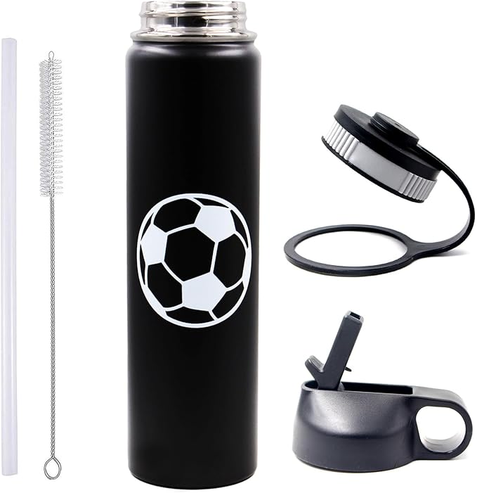 25 oz Soccer Water Bottle with Straw, Sports Flask Metal Travel Tumbler with 2 Lids, BPA Free Stainless Steel Double Wall Vacuum Insulated Leak Proof Thermo Water Bottles, Soccer Gifts for Boys Girls