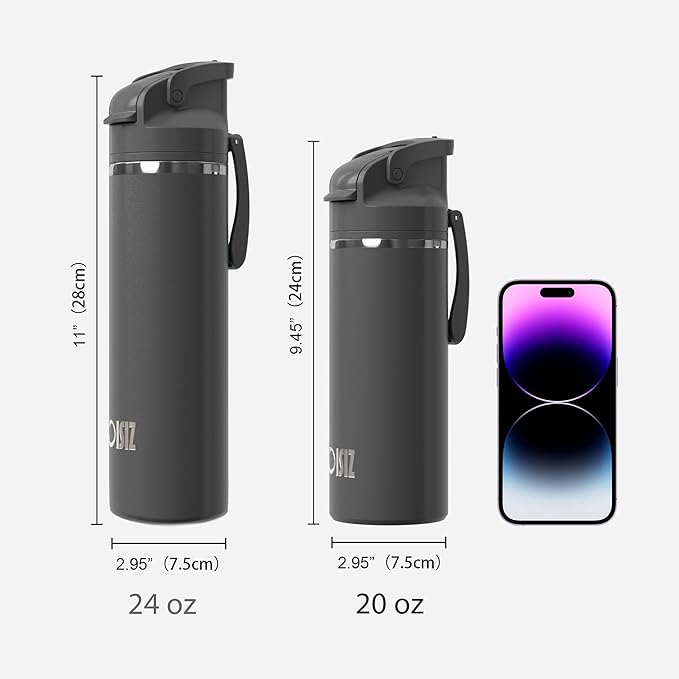 OISIZ Insulated Water Bottle 20 oz with 2 in 1 Spout and Straw Lid,One Click Safety Lock,100% Leakproof,Keep Cold 24H,Vacuum Stainless Steel Water Bottle for School,Travel and Sports,Dishwasher Safe
