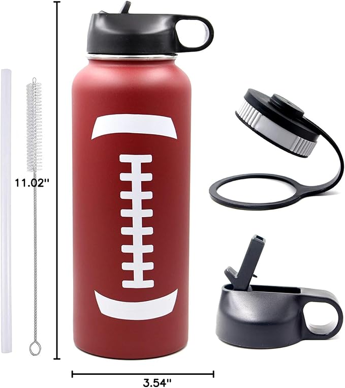 40 oz Football Water Bottle with Straw, Wide Mouth Sports Flask Metal Travel Tumbler with 2 Lids, Stainless Steel Double Wall Vacuum Insulated Thermo Water Jug, Football Gear Gifts for Boys Girls
