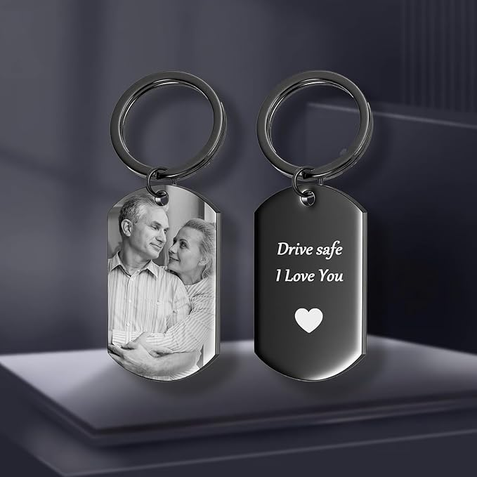 QYH Custom Keychain with Picture - Personalized Key Chain Laser Engraved Photo Text Gold Keychains Customized Gifts for Men