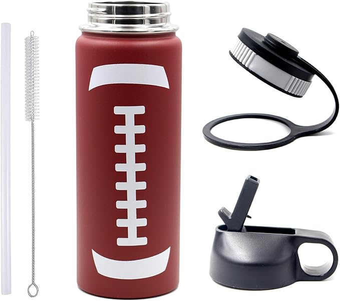 18 oz Football Water Bottle with Straw, Sports Flask Metal Travel Tumbler with 2 Lids, Stainless Steel Double Wall Vacuum Insulated Leak Proof Thermo Water Bottles, Football Gear Gifts for Boys Girls