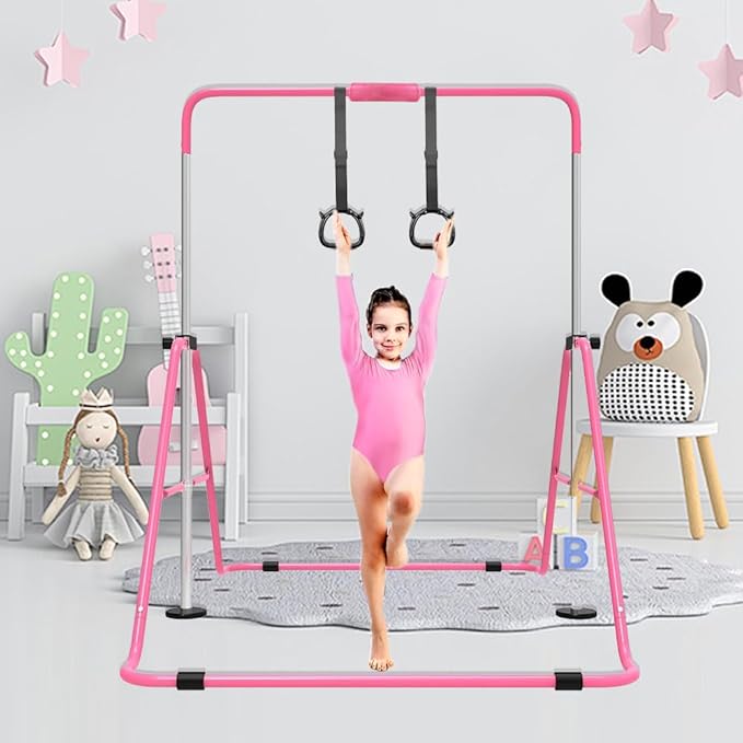 Expandable Gymnastics Bar for Kids, Adjustable Height Junior Training Kip Bar, Folding Gymnastic Horizontal Bars Monkey Bar, Home Gym Equipment for Kid Gymnasts, Child, Girl, Boy