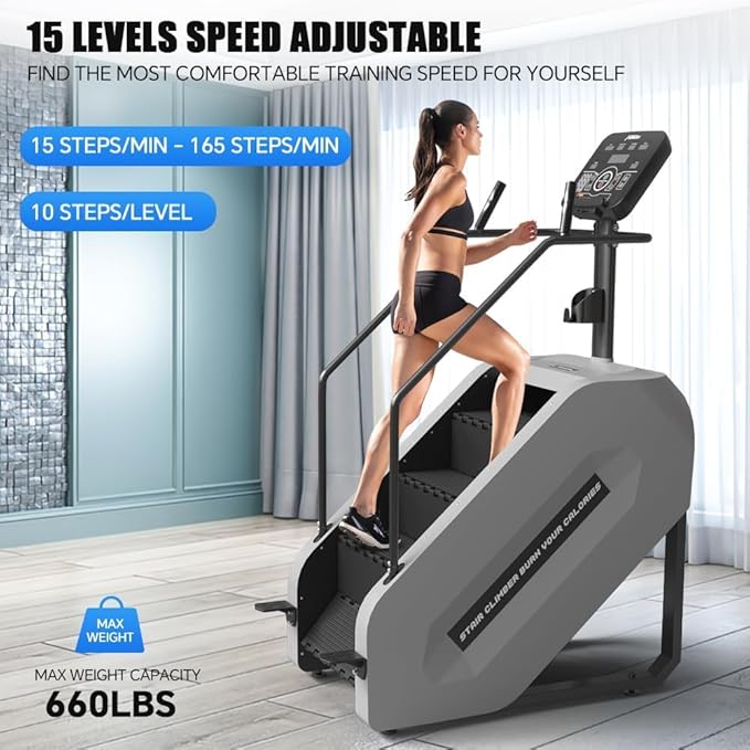 SPART Stair Climber with LED Screen, Commercial Grade Stepmill Exercise Machine, 15 Speed Levels Stair Climber Stepping Machine for Cardio and Lower Body Workouts, 660LBS, 15-164 Steps/Minute