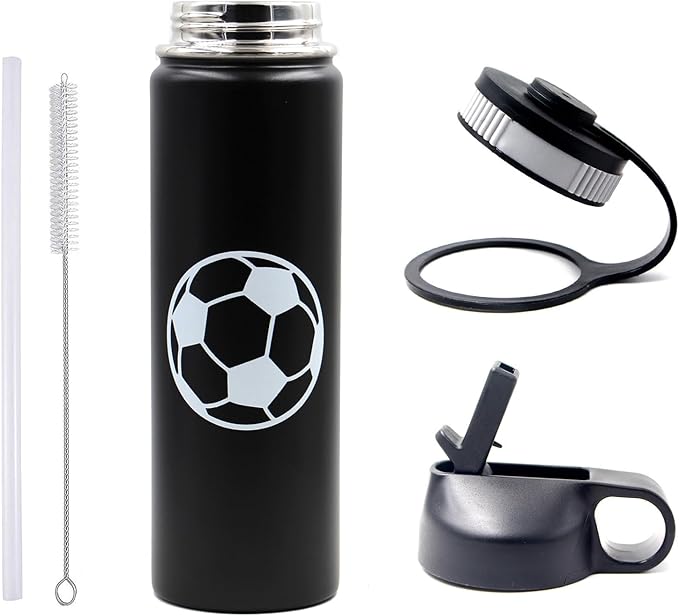 22 oz Soccer Water Bottle with Straw, Sports Flask Metal Travel Tumbler with 2 Lids, BPA Free Stainless Steel Double Wall Vacuum Insulated Leak Proof Thermo Water Bottles, Soccer Gifts for Boys Girls