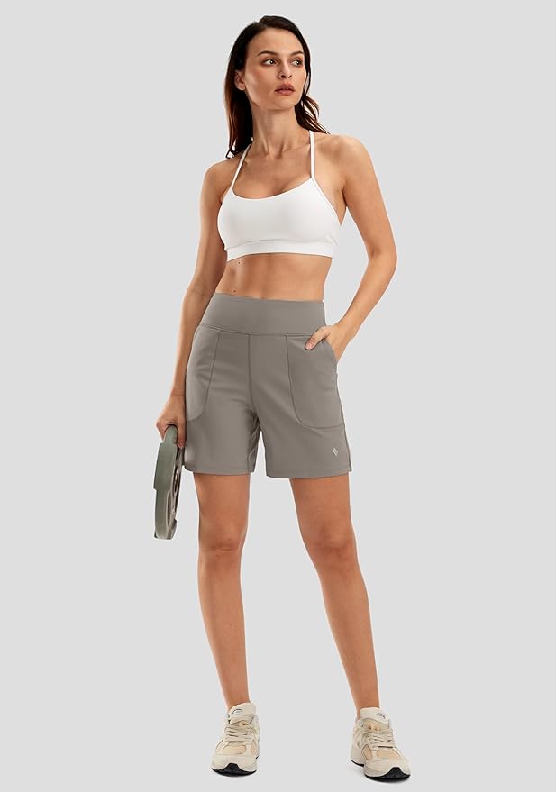 SANTINY Women's 6'' Athletic Long Shorts with 4 Pockets High Waisted Bermuda Shorts for Women Walking Running Casual