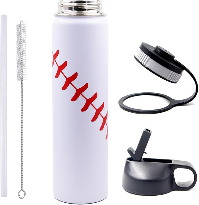 25 oz Baseball Water Bottle, Sports Flask Metal Travel Tumbler with 2 Lids, Stainless Steel Double Wall Vacuum Insulated Leak Proof Thermo Water Bottles, Baseball Accessories Gifts for Mom Boys Girls