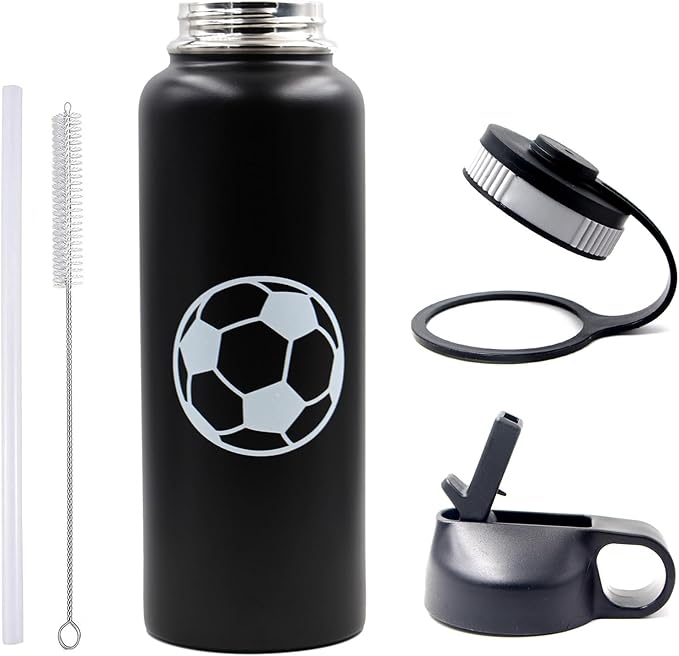 40 oz Soccer Water Bottle with Straw, Wide Mouth Sports Flask Metal Travel Tumbler with 2 Lids, Stainless Steel Double Wall Vacuum Insulated Leak Proof Thermo Water Jug, Soccer Gifts for Boys Girls