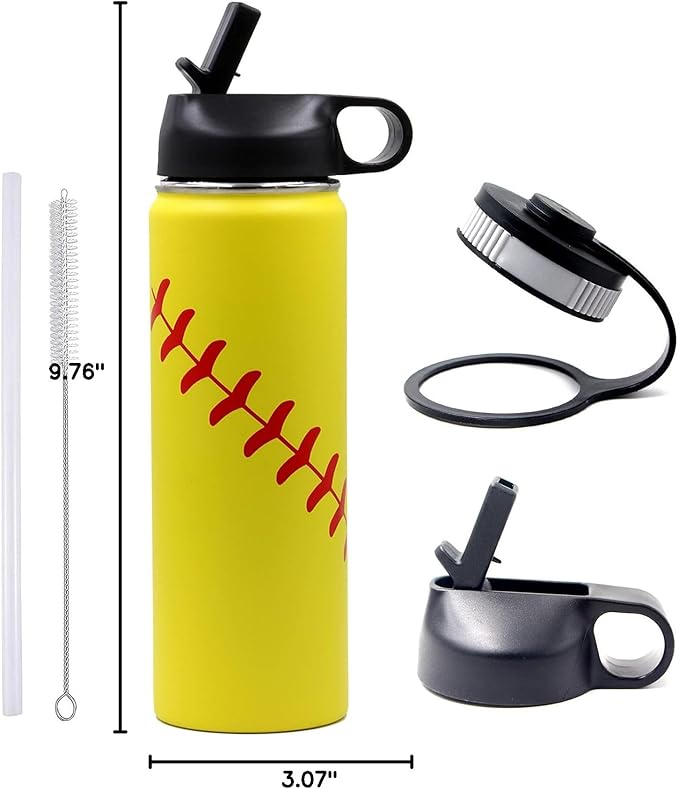 22 oz Softball Water Bottle, Wide Mouth Sports Flask Metal Travel Tumbler with 2 Lids, Stainless Steel Double Wall Vacuum Insulated Leak Proof Thermo Water Bottles, Softball Stuff Gifts for Mom Girls