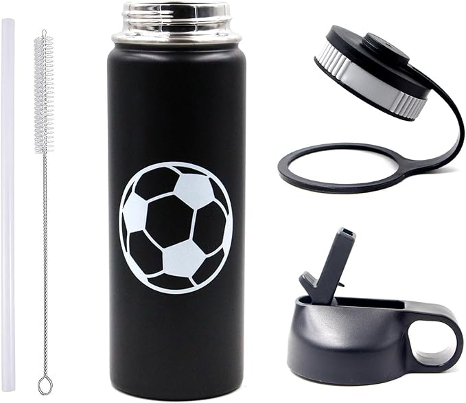 18 oz Soccer Water Bottle with Straw, Sports Flask Metal Travel Tumbler with 2 Lids, BPA Free Stainless Steel Double Wall Vacuum Insulated Leak Proof Thermo Water Bottles, Soccer Gifts for Boys Girls