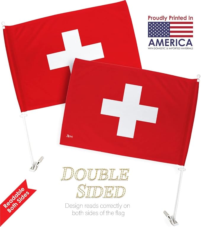 World Cup 2022 Swiss Car Flag Bandera para Carros De Switzerland Auto Decorations Small Banner for Window Clip Pole Accessories FIFA Sports Fans Outdoor Flags Game Football Soccer Gifts Made in USA