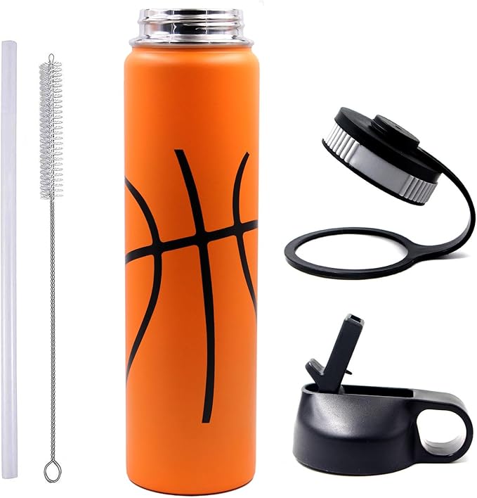 25 oz Basketball Water Bottle, Sports Flask Metal Travel Tumbler with 2 Lids, Stainless Steel Double Wall Vacuum Insulated Thermo Water bottles, Basketball Accessories Stuff Gifts for Mom Boys Girls