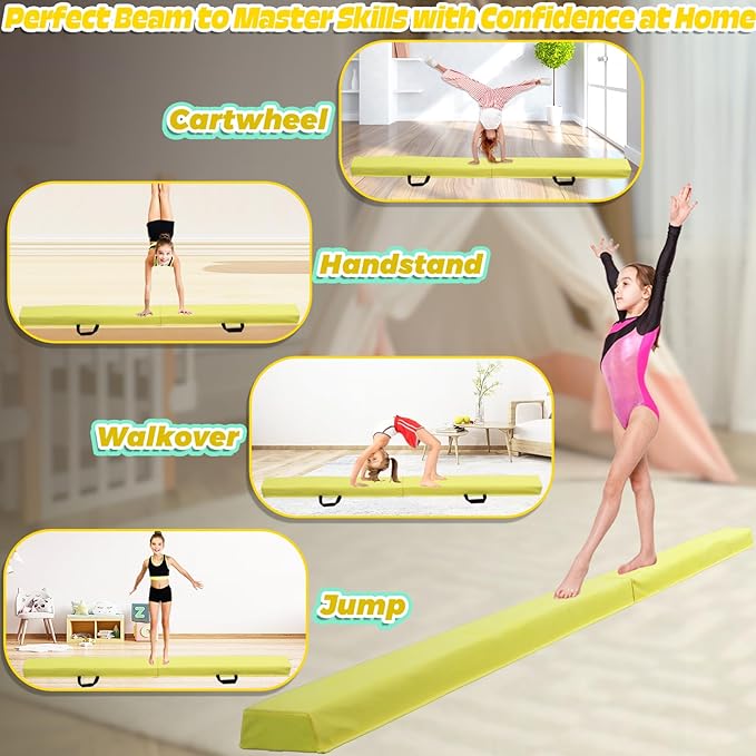 PreGymnastic 6FT/8FT/9.5FT Folding Balance Beam for Kids Ages 3-12, Foldable Gymnastics Floor Beam-Extra Firm Suede Cover with Carrying Bag for Home-Gym Equipment for Toddler Teenager