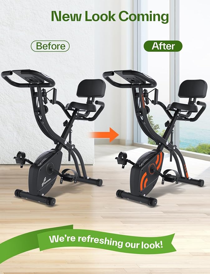 Foldable Exercise Bike Stationary Bike, Sportneer 4 in 1 Indoor Cycling Bike with 16 Level Magnetic Resistance Training Bike with Arm Resistance Band PVC Floor Mat Fitness Bike for Home Gym Workout