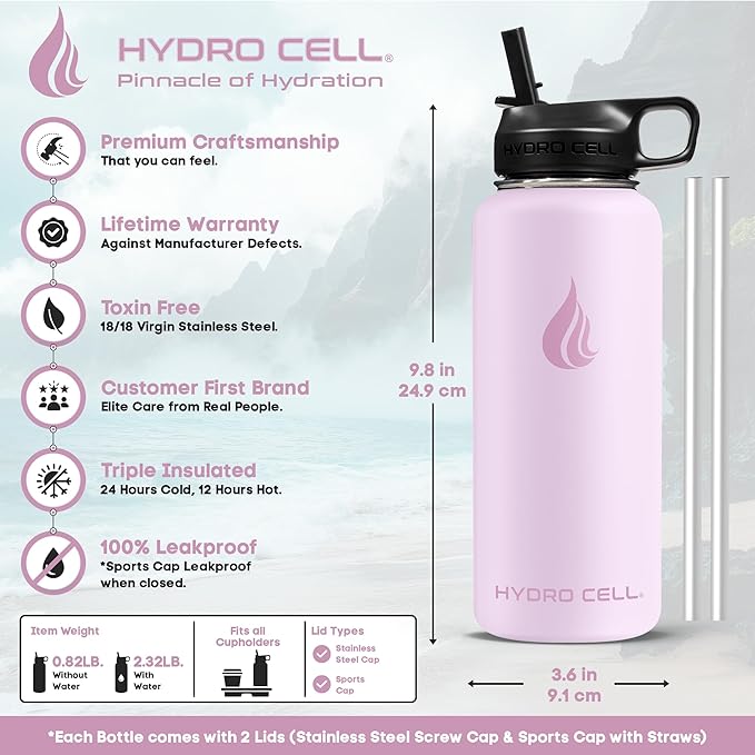 HYDRO CELL Stainless Steel Insulated Water Bottle with Straw - For Cold & Hot Drinks - Metal Vacuum Flask with Screw Cap and Modern Leakproof Sport Thermos for Adults (Pink 32oz)