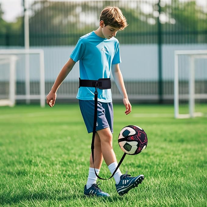 Soccer Training Equipment Football Kick Solo Trainer Adjustable Waist Belt Elastic Rope, Aids Hands Free Throw Sole Practice Fits Ball 3, 4, 5 and Volleyball Rugby (Red)
