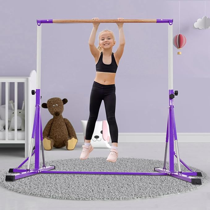 Gymnastics Bar for Kids Ages 3-15, 35" to 60" Adjustable Height, 4FT Wide Base - Professional Kip Bar with 360° Stability & Fiberglass Crossbar, Easy Fold&Solid Design for Home Training