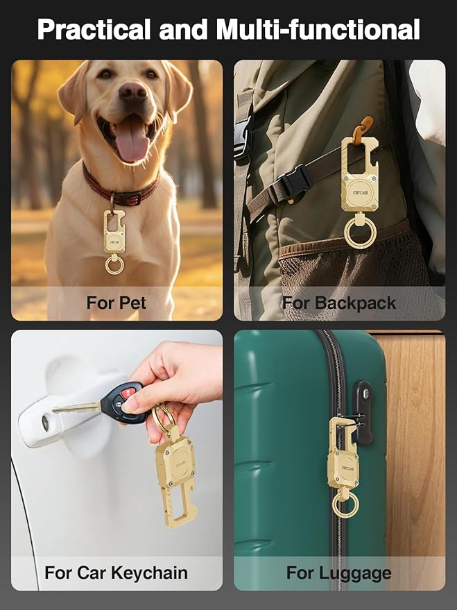 Miroddi Keychain Tracker, Men's Key Chain Works with Find My(iOS Only), Heavy Duty Keychain Carabiner Bottle Opener, Car Key Chains with Finder, Anti-lost Keyrings Tracker, Rechargeable, Gold