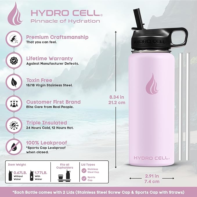 HYDRO CELL Stainless Steel Insulated Water Bottle with Straw - For Cold & Hot Drinks - Metal Vacuum Flask with Screw Cap and Modern Leakproof Sport Thermos for Adults (Pink 18oz)