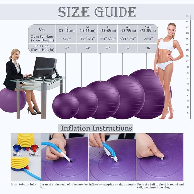 Soft Exercise ball, Anti-Burst Yoga Ball Chair Supports 2200lbs, Workout Equipment w/ Pump for Women Pregnancy, Medicine, Birthing, Physical Therapy, Stability, Excersing, Birth, Swiss, Fitness, Gym