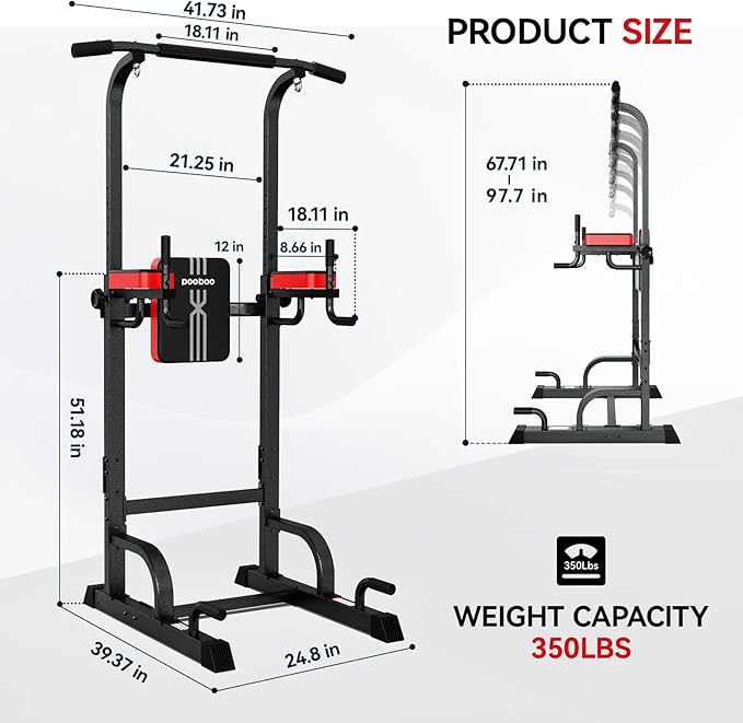 Pooboo Power Tower Dip Station Pull Up Bar for Fitness Home Gym Workout,Multi-Function Adjustable Height Fitness Strength Training Exercise Equipment,with Power Elastic Ropes