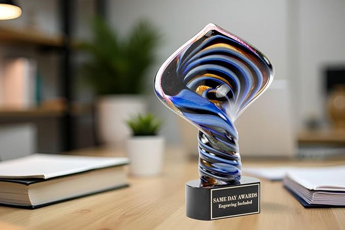 Hand-Blown Art Glass Award – Custom Engraved Elegant Award for Corporate, Sports Retirement Volunteer Recognition Leadership Personal Milestones Employee Gifts