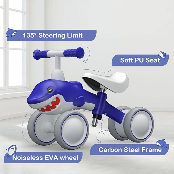 YGJT Baby Balance Bikes Seat Adjustable Toddler Riding Toy for 1 + Year Old Boys Girls, 12-48 Months Baby's First Bike First Birthday Blue Shark