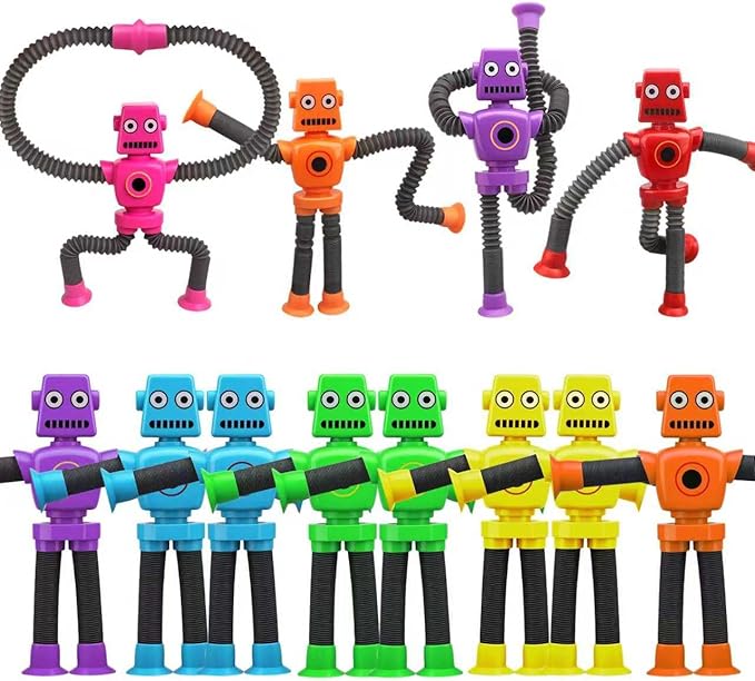 Dilabnba 12 PCS Suction Cup Fidget Pop Tube Robot Sensory Toys - Transformable Telescopic Tube, Travel Toys for Kids Toddlers (Ages 3-10) Stocking Stuffer Gift