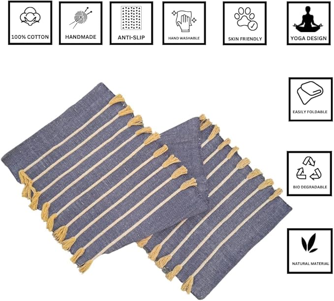 Indian Handmade100 % Organic Anti Skid Multi Colour Cotton Yoga Mat - Eco-Friendly Hand-Woven Rug - Non-Slip & Thick (24”x72”x5mm) for Hot yoga & Everyday Fitness at Home - Comfortable & Foldable Extra-Long Mat