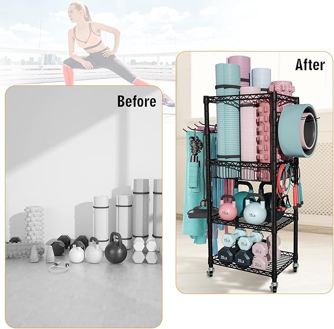 FUTASSI Home Gym Storage, 3 Tiers Workout Equipment Organizer with Wheels for Yoga Mats, Foam Roller, Dumbbells, Kettlebells, and Resistance Bands
