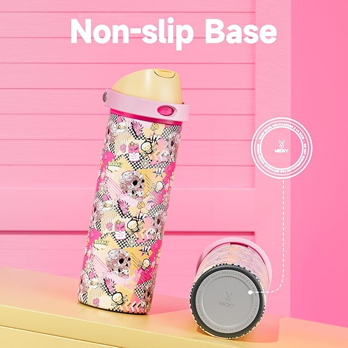 24 oz Insulated Water Bottle with Straw: Meoky Stainless Steel Water Bottle with Straw and Spout Lid - Leak Proof, Cold for 24 Hours, Fits in Car Cup Holder, BPA-Free for Travel Gym, Skull Parade