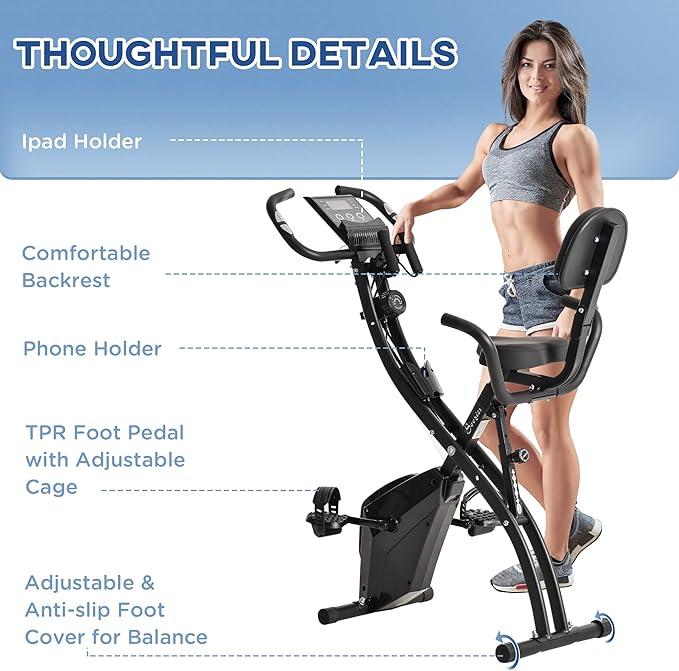 Soozier Folding Exercise Bike, 3-in-1 Recumbent Exercise Bike, Upright Workout Bike with Pulse Sensor, Arm Resistance Bands, Adjustable Seat, 8-Level Magnetic Resistance