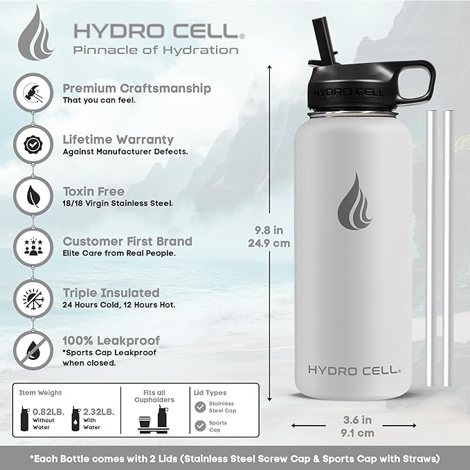 HYDRO CELL Stainless Steel Insulated Water Bottle with Straw - For Cold & Hot Drinks - Metal Vacuum Flask with Screw Cap and Modern Leakproof Sport Thermos for Adults (Frost 32oz)
