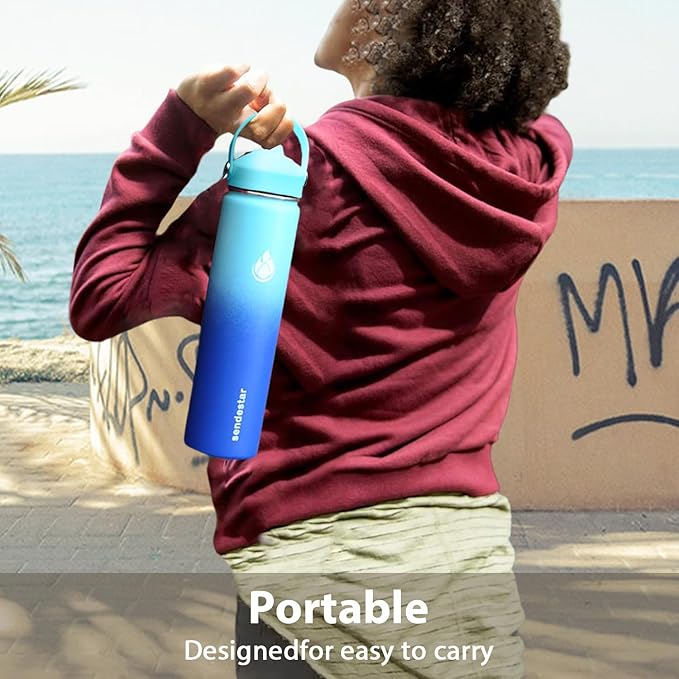 SENDESTAR Stainless Steel Wide Mouth Water Bottle 24oz Double Wall Vacuum Insulated Leak Proof Bottle with New Flex Straw Lid & Spout Lid XIN-PH-0750-1