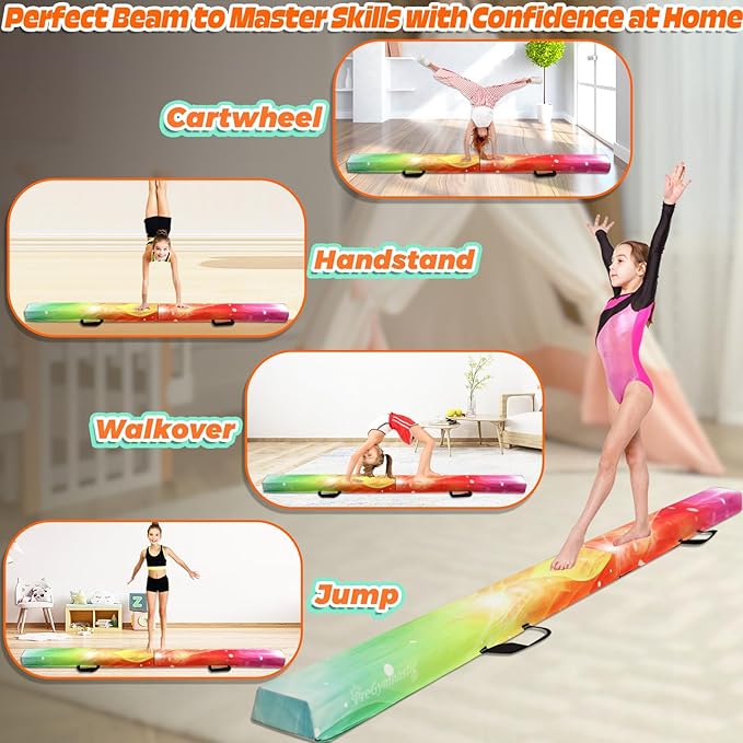PreGymnastic 6FT/8FT/9.5FT Folding Balance Beam for Kids Ages 3-12, Foldable Gymnastics Floor Beam-Extra Firm Suede Cover with Carrying Bag for Home-Gym Equipment for Toddler Teenager