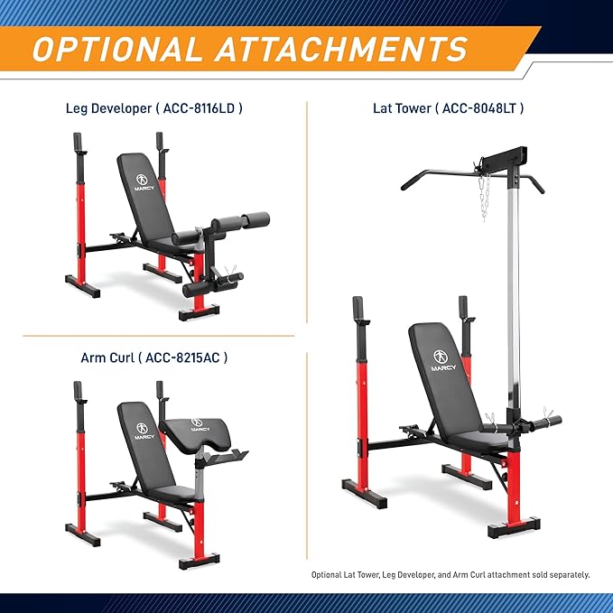 Marcy Standard & Olympic Adjustable Weight Benches and Accessories - Build You Own Home Gym with Optional Attachments Available: Lat Tower, Leg Developer, and Arm Curl for Full Body Exercise and Strength Training