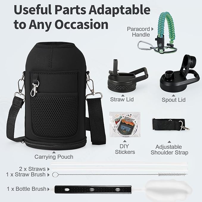 64 oz Insulated Water Bottle with Straw (Cold for 48 Hrs), Half Gallon Stainless Steel Triple Wall Vacuum Sports Water Jug, Leakproof Hydro Cup Flask with Straw Spout Lids & DIY Stickers