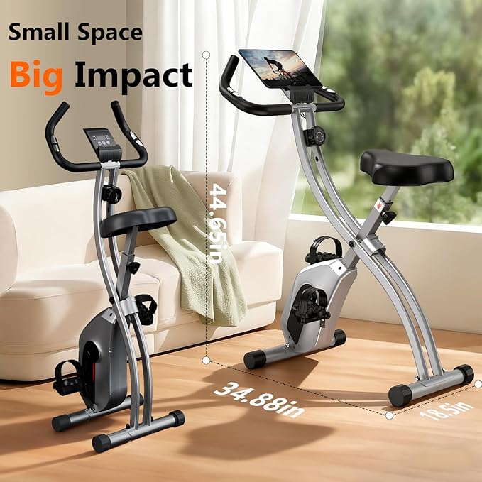 CRYSTAL FIT Indoor Folding Exercise Bike, Foldable Stationary Bikes For Home Workout Upright Indoor Cycling Bike, Magnetic X-Bike with 8-Level Adjustable Resistance, Phone Holder & Comfortable Seat Cushion