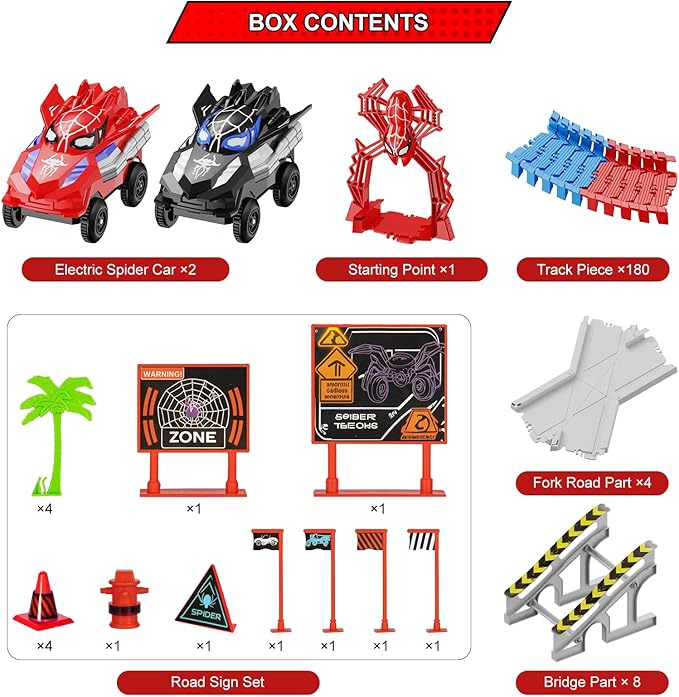 Spider Race Track Toy for Boys 4-6, Race Car Set with 2 Spider Cars, DIY Flexible Tracks Playset, Toddler STEM Building Toys for Girls, Christmas, Birthday Gift for Kids Ages 3+