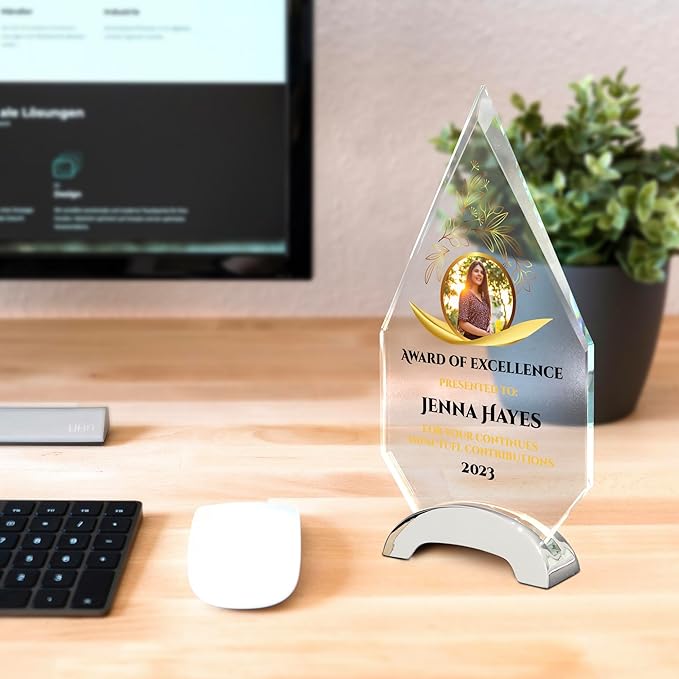 9 1/4" Personalized Glass Plaque for Awards and Trophies, Custom Award for Employee of the Month, Retirement, Leadership and Appreciation Gift P (Design 1)