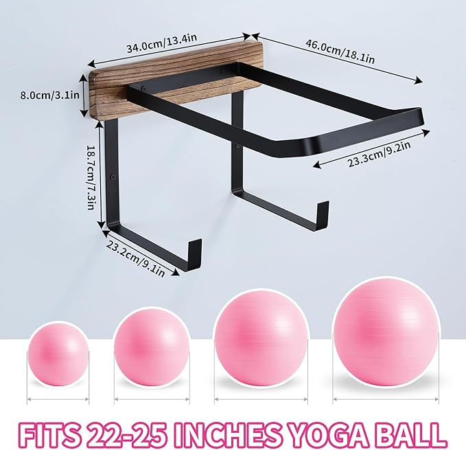 Yoga Ball Holder Wall Mount, 2 Tier, 13.4*18.1 inches, Black, Holds Multiple Balls & Accessories, Perfect for Home Gym or Fitness Class